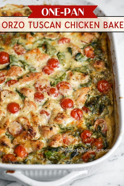 Bad Batch Cooking, One Pan Orzo Tuscan Chicken Bake, One Pot Baked Meals, Orzo Chicken Casserole, Easy Healthy One Pan Dinner, Orzo Skillet Recipes, Tuscan Chicken Pasta Bake, One Pan Orzo Chicken, Tuscan Orzo Chicken Bake