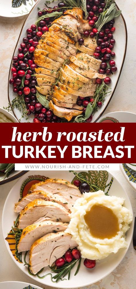 This herb roasted turkey breast delivers buttery, crackly brown skin encasing juicy white meat flavored with rosemary, sage, and thyme. Better yet, it's a cinch to make! Serve this baked turkey breast for a smaller-scale holiday feast or a hearty everyday dinner. Herb Roasted Turkey Breast, Turkey Cooking Times, Recipe Menu, Classic Roast, Cooking Turkey Breast, Butterball Turkey, Herb Roasted Turkey, Chicory Recipe, Thanksgiving Foods