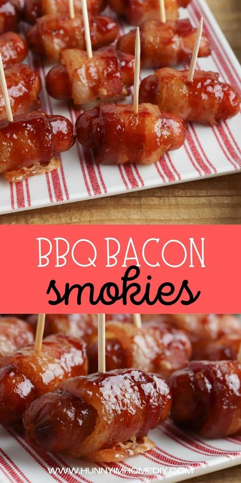 If you're searching for the best party appetizers for game day, you have to try these BBQ bacon wrapped little smokies. You only need four ingredients to make this finger food to feed a crowd, including mini sausages, BBQ sauce, brown sugar, and bacon! They're bite-sized snacks perfect for New Year's Eve or the Super Bowl! Party Board Ideas Food, Bbq Bacon Wrapped Smokies, Thanksgiving Snack Ideas Appetizers, Lunch Ideas For Work Party, Mini Hot Dog Recipes Lil Smokies, Football Game Day Food Ideas, Bacon Smokies Brown Sugar, Football Munchies, Easy Potluck Finger Foods