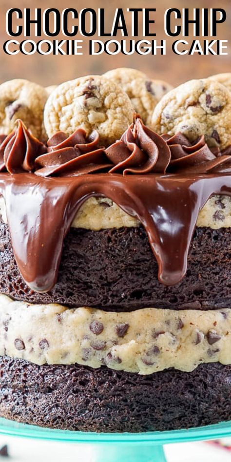 This Chocolate Chip Cookie Dough Cake is made with two layers of delicious chocolate cake, and two layers of edible cookie dough then topped with ganache, frosting, and mini chocolate chip cookies! Chocolate Chip Brownie Cake, Cookie Dough Brownie Cake, Chocolate Chip Cookie Dough Cake Recipe, Chocolate Chip Cookie Dough Cake, Cookie Dough Cake, Delicious Chocolate Cake, Mini Chocolate Chip Cookies, Ganache Frosting, Chocolate Chip Cookie Cake