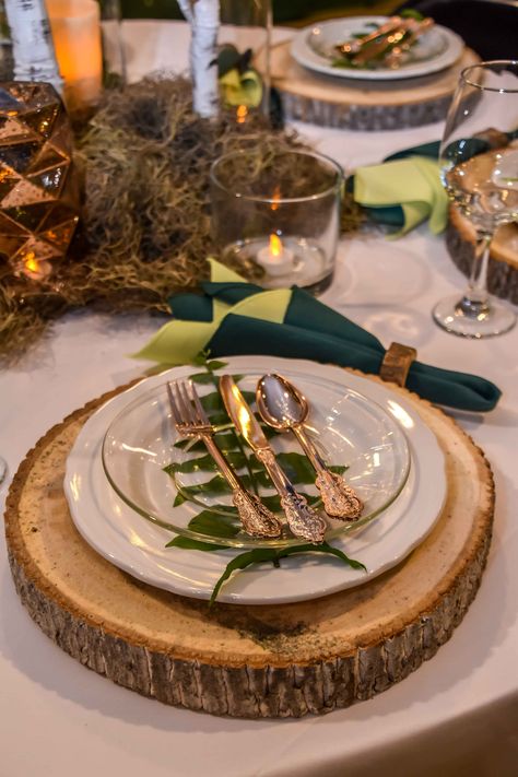 Forest Wedding Plate Setting, Enchanted Forest Wedding Place Setting, Enchanted Forest Place Setting, Forest Wedding Place Setting, Forest Theme Table Setting, Fantasy Dinner Table, Forest Event Decor, Fantasy Table Setting, Simple Prom Themes