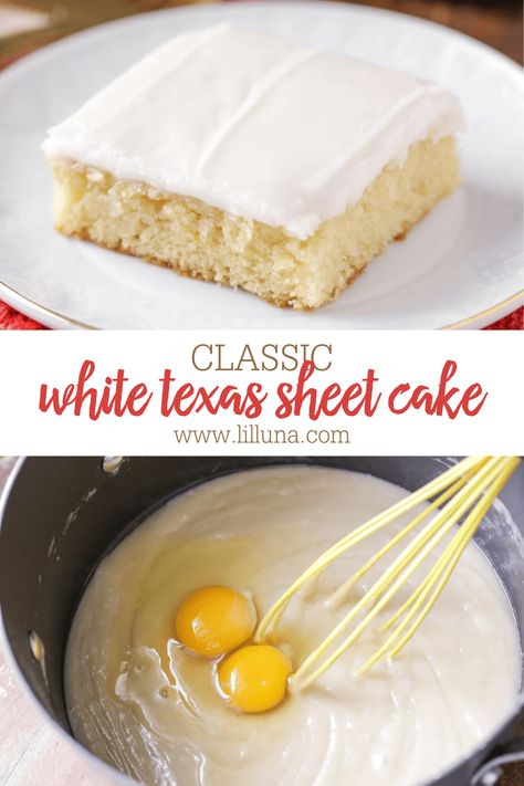 A white version of classic sheet cake! This cake is moist and is topped with an amazing frosting with hints of almond throughout. It also feeds a ton, making it great for parties and get together. #whitetexassheetcake #texassheetcake #dessert #dessertrecipe #cake Vanilla Texas Sheet Cake Recipe, Texas Sheet Cake Pioneer Woman, Pecan Cream Cheese Pie, Almond Sheet Cake Recipe, White Sheet Cakes, White Texas Sheet Cake, Texas Cake, Vanilla Sheet Cakes, Texas Sheet Cake Recipe