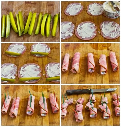 Ham And Pickle Roll Ups, Ham And Pickle, Cucumber Wraps, Pickle Roll Ups, Pickle Appetizers, Ham Slices, Beach Snacks, Cocktail Sausages, Awesome Appetizers