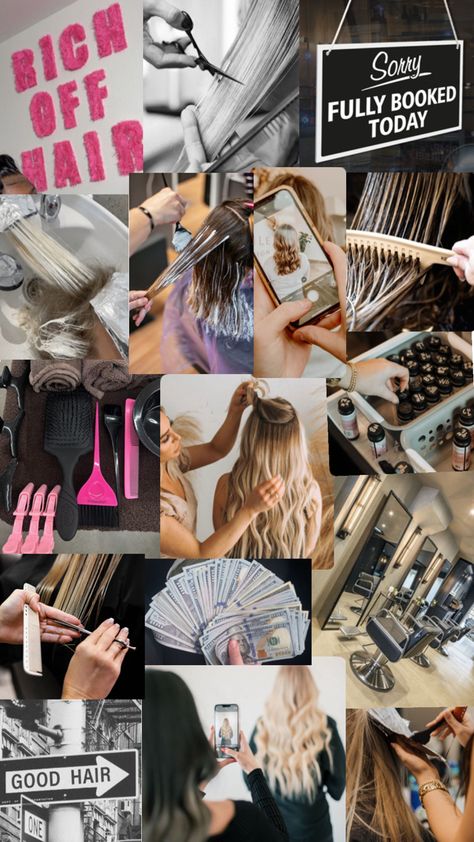 Meet The Stylist, Cosmetology Collage, Cosmetology Asthetic Picture, Salon Vision Board Ideas, Cosmology Aesthetic Hair, Beauty Career Aesthetic, Hair Salon Mood Board, Hairdresser Vision Board, Cosmetology School Hairstyles