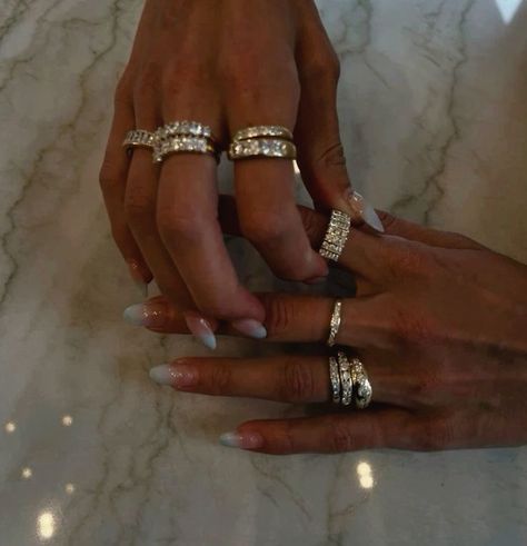 Ring Stack Diamond, Many Rings On Hand, Gold Rings Stack, Stacked Rings Silver, Everyday Ring Stack, How To Stack Rings, Silver Rings Stack, Gold Stacked Rings, Gold Rings With Diamonds