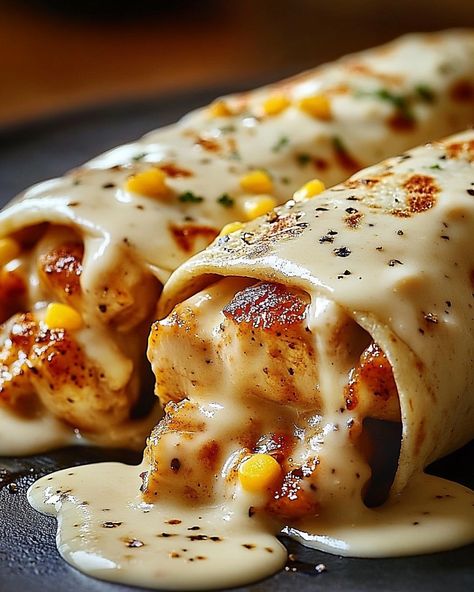 🌯 Cheesy Chicken Tortilla Wraps 🧀 📢 ""A Cheesy Delight for Family Nights - Quick, Satisfying, and Oh-So Delicious!"" 🍽️ Ingredients 🍽️ - 1 teaspoon Italian seasoning - 2 tablespoons olive oil - 2 large boneless, skinless chicken breasts, diced - 1 teaspoon onion powder - 1 teaspoon garlic powder - Salt and freshly ground black pepper, to taste - 1 1/2 cups shredded mozzarella cheese - 1/2 cup shredded cheddar cheese (for garnish) - 4 large tortillas For the Creamy Cheese Sauce: - 2 tablesp... Yummy Cheesy Food, Ground Chicken Breast Recipes, Tortilla Wrap Recipes, Chicken Tortilla Wraps, Creamy Chicken Enchiladas Recipe, Creamy Cheese Sauce, Creamy Chicken Enchiladas, Shredded Cheddar Cheese, Chicken Enchilada Recipe