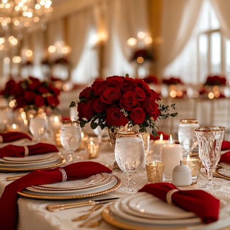 How Red and White Wedding Theme Brings Romance to Life • 333+ Inspiring Lifestyle Ideas Wedding Dark Red Theme, Champagne Gold And Red Wedding Theme, Red And White Theme Wedding, Wine Red Wedding Colors, Red And White Backdrop Ideas, Maroon White And Gold Wedding, Bride And Groom Table With Candles, Red Wedding Ideas Color Schemes, Red White Wedding Decorations