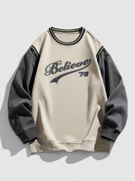 Blokecore Letter Printed Colorblock Faux Twinset Sweatshirt - Light Coffee L Printed Hoodie Men, Hoodies Men Style, Cheap Sweatshirts, Casual Cargo Pants, Letter Print Hoodie, Hoodie For Men, Letter Print Sweatshirt, Hoodie Coat, Hooded Sweatshirt Men