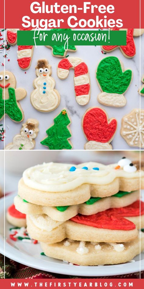 gluten free cut out sugar cookies pin with overlay text Chocolate Cream Pie With Pudding, Gf Sugar Cookie Recipe, Gluten Free Christmas Baking, Gluten Free Sugar Cookies Recipe, Dairy Free Sugar Cookies, Gluten Free Christmas Desserts, Gluten Free Christmas Cookies, Gluten Free Sugar Cookies, Gluten Free Holiday