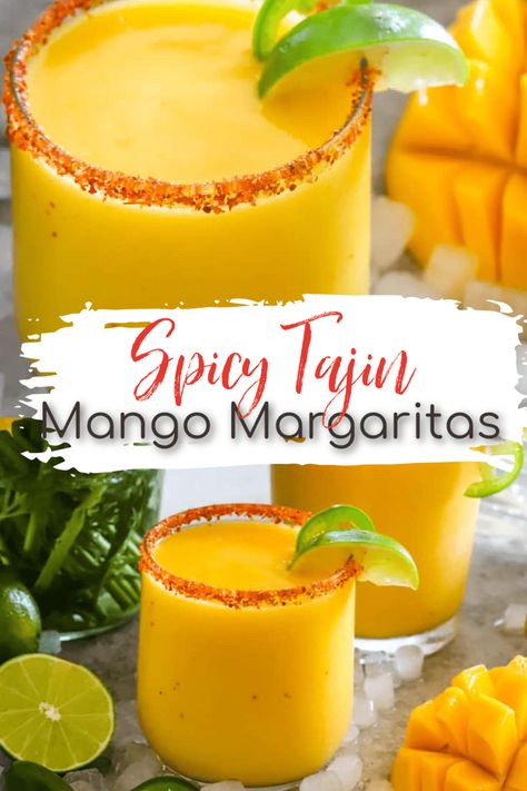 This Spicy Mango Margarita with Tajin is a spicy, fruity twist on the classic Mexican Margarita Cocktail! Bursting with tropical flavors and spicy zing, it's perfect for summertime sipping on a hot summer day. #margarita #mango #cocktail #summerdrinks Spicy Mango Margarita Recipe, Spicy Mango Margarita, Mango Jalapeno Margarita, Mexican Fruit Salads, Mango Margarita Recipe, Frozen Mango Margarita, Spicy Margarita Recipe, Mango Cocktail, Mexican Cocktails