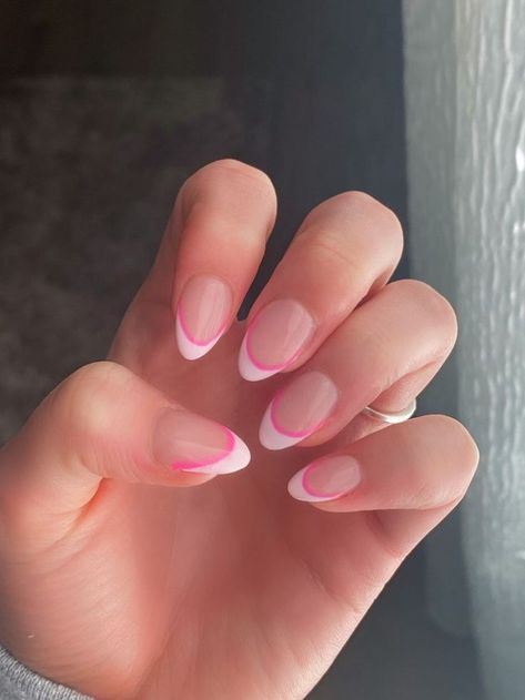 Gel Extensions Ideas, Two Tone Pink French Nails, Almond Nails Designs Simple, Basic Nails Almond, Nail Inspo Almond French Tip, Basic Acrylic Nail Designs, Bright French Tip Nails, Solid Color Almond Nails, Clean Summer Nails