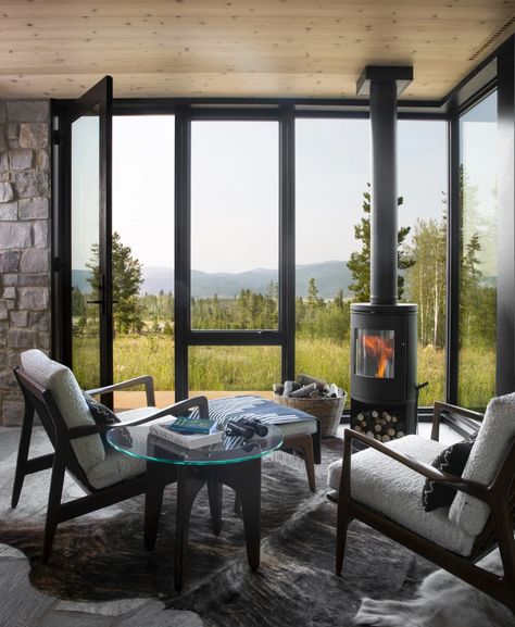 Taking Root in Fraser - Colorado Homes & Lifestyles Morso Wood Stove, Fraser Colorado, Stone Cabin, Cedar Walls, Brown Design, Colorado Homes, Modern Cabin, Main Bedroom, Wood Burning Stove