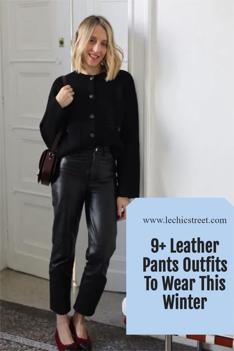 9+ Leather Pants Outfits To Wear This Winter. Chic Leather Pants Outfits To Wear Now. Leather pants outfit to try out for the winter fashion. Plenty of winter outfit and leather pants outfits to try out for the winter. Leather pants outfit winter is perfect for the leather pant outfit casual. Chic inspo for winter fashion with leather pants. #leatherpantsoutfit #leatherpantoutfit #leatherpantsoutfitwinter #winteroutfits #winterfashion Night Out Leather Pants Outfit, Leather Pants Velvet Top, Leather Pants And Sequin Top Outfit, Kut From The Kloth Leather Pants, All Black Going Out Outfit Winter, Styling Leather Pants Winter, Suede And Leather Outfit, Casual Outfits Leather Pants, Black Leather Pants Outfits For Women