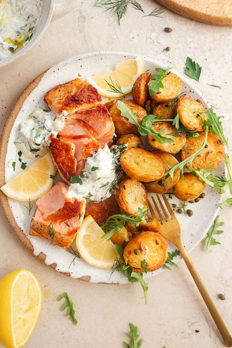 Seared Salmon & Roast Potatoes | This Little Plate. Salmon With Cream Sauce, Garlic Potatoes Recipe, Roasted Potatoes And Carrots, Roast Garlic, Garlic Roasted Potatoes, Salmon Potato, Salmon Steak, Gluten Free Potatoes, Garlic Potatoes