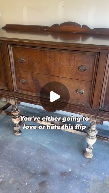 Courtney Krick | Furniture Flips & DIY on Instagram: "Comment “LIST” for products I used in this flip!”   Paint or Restore? What’s your preference? The nice thing is it can still be restored if my client ever wants it to be! Here are the steps I took to accomplish this look 👇🏼  - Scrape off existing finish - Sand with 120 then 220 to smooth out surface - Repair chipped veneer - Strip legs completely - Spray paint the body of the buffet - Touch up drawer edges by hand - Paint wash the legs - Seal the legs - Hydrate the drawers and inside of cabinets - Install new hardware  #furnitureflip #refurbish #buffet #jacobean #furnituredesign" Buffet Cabinet Makeover, Diy Buffet Cabinet, Spray Paint Dresser, Inside Of Cabinets, Antique Buffet Makeover, Paint Dresser Diy, Dresser Flip, Diy Buffet, Spray Paint Furniture