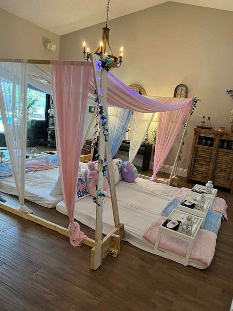 Canopy Sleepover, Sleepover Setup, Fairy Tent, Build A Bear Party, Play Doh Party, 12th Birthday Party Ideas, Indoor Canopy, Spa Day Party, Sleepover Beds