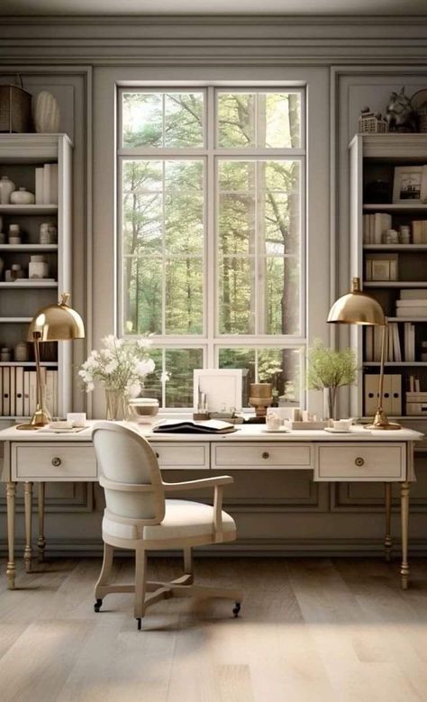 French Cottage Office, Home Office With Bookshelves, Office With Library, French Country Home Office, Classic Home Office, French Country Office, Classic Office Design, Library Home Office, Beautiful Home Office