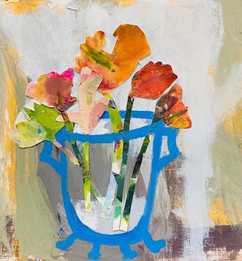 Floral Collage Art, Acrylic Collage, Floral Collage, Collage Inspiration, Flower Vase Arrangements, Painting Collage, Vase Arrangements, Blue Vase, Artist Websites