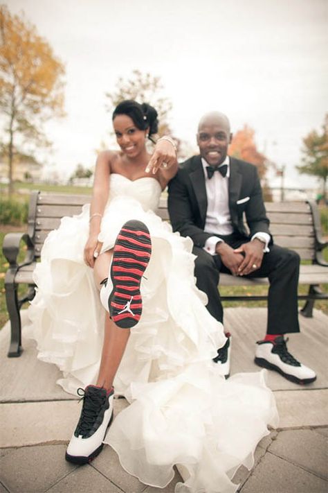 Oakville Conference Centre Wedding | Cara and Leon | Instead of the usual heels and dress shoes, this couple opted for Air Jordans for their footwear! Photography session in Bronte Outer Harbour Marina :) #torontoweddingphotographer #weddingphotography #weddingshoes ~ http://www.focusproduction.ca/oakville-wedding-at-bronte-outer-harbour-marina-cara-and-leon/ Dress With Jordans, Alternative Wedding Shoes, Comfy Wedding Shoes, Bridal Sneakers, Wedding Sneakers, Bride Shoes, Love Is In The Air, Alternative Wedding, Tiffany Blue