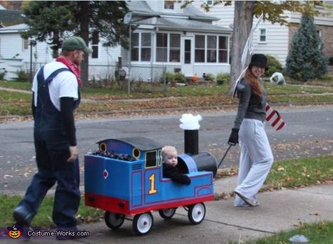 Ashley: Our 1-year-old, Henry, LOVES Thomas and Friends but I didn't like any of the manufactured Thomas costumes, so we decided to make our own. Originally we were going to make... Train Halloween Costume, Diy Thomas The Train Costume, Train Stroller Costume, Train Costume Toddler, Cardboard Train Costume, Train Halloween Costume Toddler, Thomas Costume, Thomas The Train Costume, Wagon Halloween Costumes