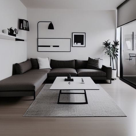 This is a minimalist living room generated by AI. Modern Living Room For Men, Mans Apartment Living Room, Black And White Condo Interior, Modern Male Apartment Decor, Minimalist Living Room Men, Male Living Room Ideas Apartment, Men House Decor Ideas Living Room, Black And White Minimalist Living Room, Interior Design Living Room Dark