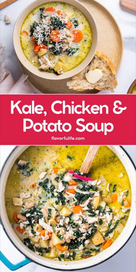 This kale soup recipe is a hearty soup. This tender kale soup with chicken is the best kale potato soup ever. It’s the best kale soup for a healthy soup packed with protein. Perfect comfort food, this one pot dish makes for an easy dinner any night of the week. Soups With Kale In It, Recipes With Kale Easy, Kale Soup Crockpot, Soup With Kale Recipes, Recipes Using Kale, Kale Chicken Soup, Healthy Chicken Soup Recipes, Kale And Potato Soup, Potato And Kale Soup