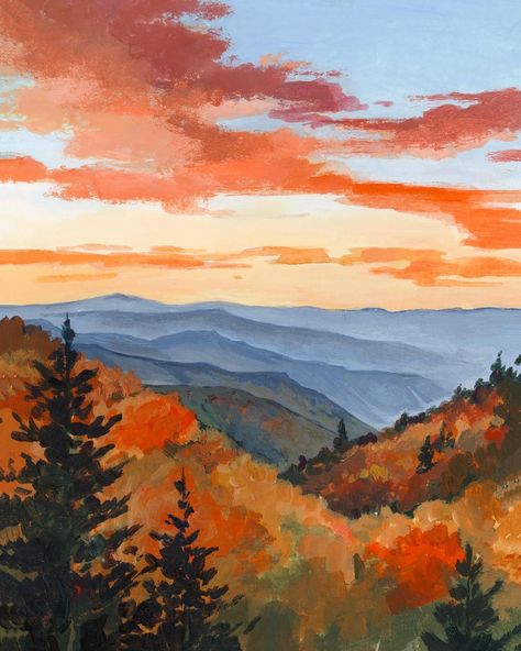 Paige Payne - watercolor and acrylic artist | The National Park Collection is here 🫶🏼 honestly, this collection has been the biggest joy for me to paint. I don’t paint landscapes a ton... | Instagram Watercolor Paint Landscape, Landscape Paintings Impressionist, Fall Mountain Painting Acrylic, Fall Mountain Painting Easy, Fall Mountains Painting, Something In The Orange Painting, Easy Autumn Painting Ideas, Painting Inspo Landscape, Autumn Sky Painting