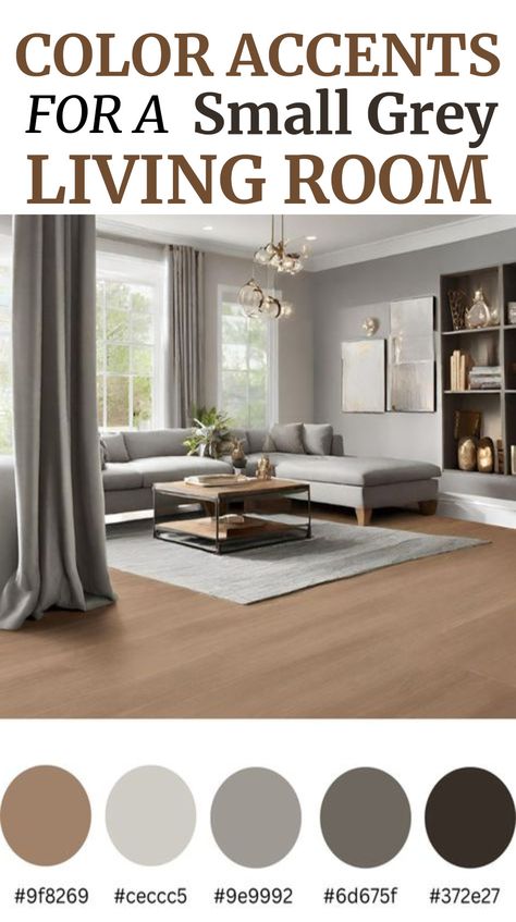 Color accents for a small grey living room - light grey home interior - grey paint brown furniture gray couch living room designs - elegant grey living room Living Room Ideas Light Grey Walls, Grey Walls Small Living Room, Living Room Designs Brown And Gray, Gray Sofa Color Palette, Cool Grey Paint Colors Living Room, Rooms With Grey Furniture, House Interior Living Room Paint Colors, Light Grey And Tan Living Room, Pale Grey Living Room Walls