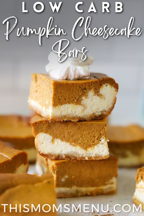 These healthy, low-carb pumpkin cheesecake bars are the perfect blend of two classic desserts! Make them with an almond flour or pecan crust for the ultimate fall treat! Easy Pumpkin Cheesecake Bars, Easy Pumpkin Cheesecake, Healthy Pumpkin Cheesecake, Low Carb Pumpkin Cheesecake, Low Carb Bars, Pumpkin Rolls, Pecan Crust, Healthy Low Carb Snacks, Pumpkin Cheesecake Bars