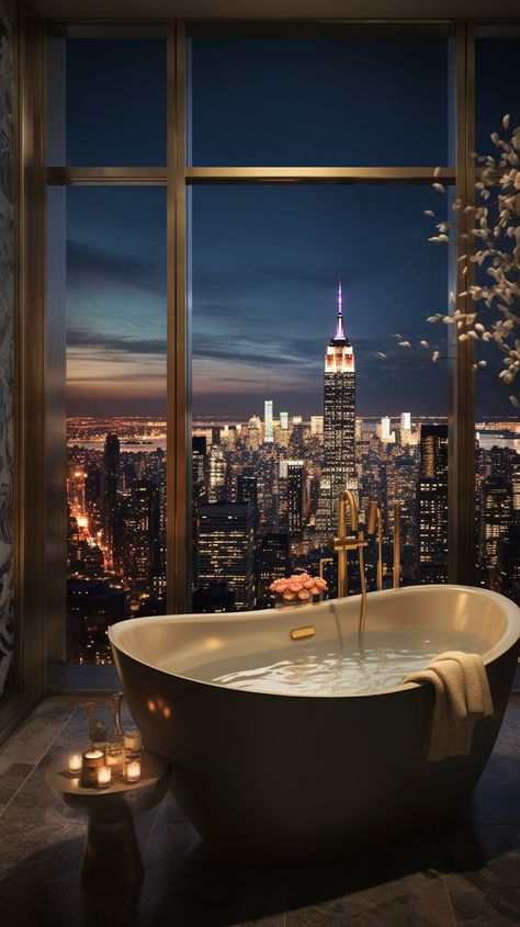 a bathroom with a night view of New York City Penthouse Apartment Aesthetic, Dream Penthouse, Penthouse Aesthetic, Appartement New York, Penthouse In New York, City Penthouse, Penthouse Interior, Nyc Penthouse, City View Apartment