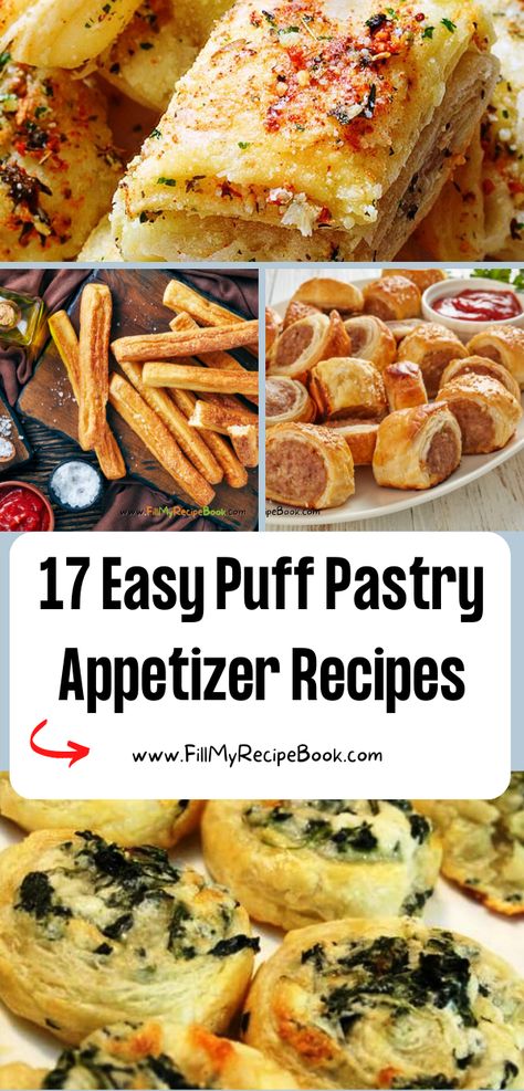 17 Easy Puff Pastry Appetizer Recipes that are finger food for a starter. Savory make ahead snacks for parties or for seasonal holidays. Pie, Puff Pastry Appetizer Recipes, Easy Puff Pastry Appetizers, Starters Snacks, Snacks Savory, Food Starters, Puff Pastry Recipes Appetizers, Easy Puff Pastry Recipe, Savory Puff Pastry