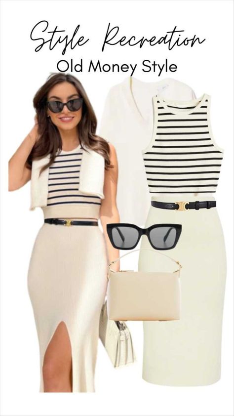 Old Money Stripes Outfit, Luxury Wear Outfit, Striped Tank Top Outfit Aesthetic, Summer Outfits Quiet Luxury, Old Money Aesthetic Wardrobe, Casual Outfits Old Money, Classy Boating Outfit, Spring Quiet Luxury Outfits, Old Money Style Handbags