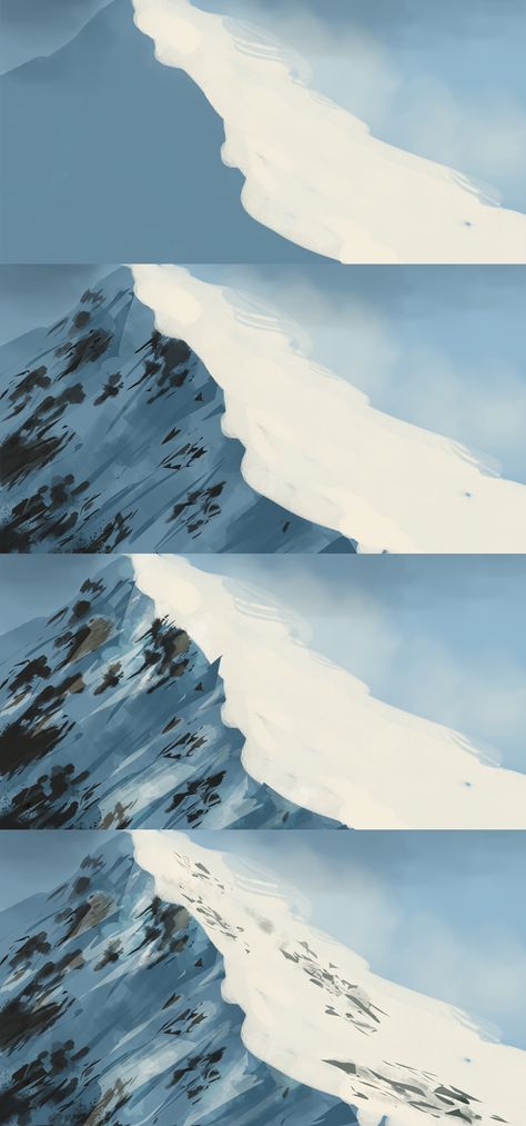 Fog Tutorial Drawing, Mountain Drawing Digital, Mountain Painting Reference, Paint Snowy Mountains, Snow Mountain Concept Art, How To Digitally Paint Landscapes, Shading Acrylic Paint, Snow On Mountains Painting, Painting Snowy Mountains