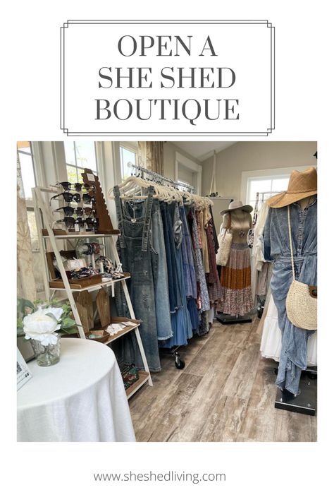 Backyard Boutique Ideas, Clothing Rack Boutique Store Displays, Garage Store Ideas, Boutique Style Closet Ideas, Tent Boutique Ideas, Small Space Boutique Display, Shed Retail Store, Shed Store Ideas, Shed Into Boutique