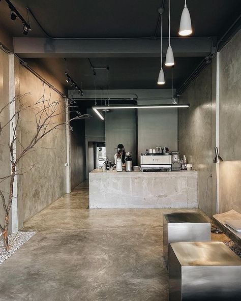 Cafe Design Industrial, Concrete Cafe Interior, Loft Cafe Design Coffee Shop, Cement Coffee Shop, Cafe Cement, Concrete Coffee Shop, Cafe Industrial Design Coffee Shop, Industrial Cafe Interior Design Coffee Shop, Industrial Design Cafe