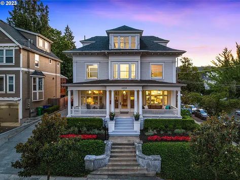 1904 'Wilson House' For Sale In Portland Oregon Portland Oregon Homes, Grand Front Porch, Oregon Homes, Cove Ceiling, Portland Style, Portland House, Coved Ceiling, House Front Porch, Grand Homes