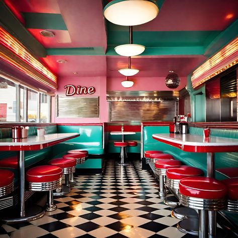 Retro Fast Food Restaurant, Old School Diner Aesthetic, 1960s Diner Aesthetic, Diner Restaurant Design, 50s Coffee Shop, Retro Diner Color Palette, 80s Coffee Shop, Retro Cafe Aesthetic, 70s Diner Aesthetic