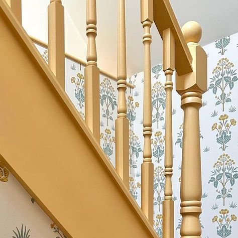 Nels Crosthwaite Eyre on Instagram: "Up into the eaves - a magical stairway to cosy guest bedrooms at the top of the house. Often dark and dingy, we wanted to make a lively space - the contrast woodwork in sunny yellow was the key to this look. #wallpaper #morrisandco #williammorris #artsandcrafts #stairs #attic #atticroom #yellow #yellowpaint #interior #interiordesign #interiordesigner #interiordecor #home #homedecor #homedesign #homeinspo #staircase #edwardbulmer #persianpaint #eaves #oldhouse #architecture #countryhouse #countryhousestyle #wiltshire #eyreinteriors" Yellow Bannister, Contrast Woodwork, Yellow Stairwell, Yellow Staircase, Stairs Attic, Yellow Stairs, Stair Way, Staircase Renovation, Painted Staircases