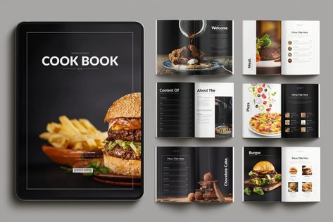 Cookbook Magazine Template, Print Templates ft. cookbook & food - Envato Cookbook Contents Page, Architecture Portfolio Template, Contents Page, Recipe Book Templates, Magazine Inspiration, Cookbook Template, Magazine Layouts, Pizza Burgers, Photo Album Design