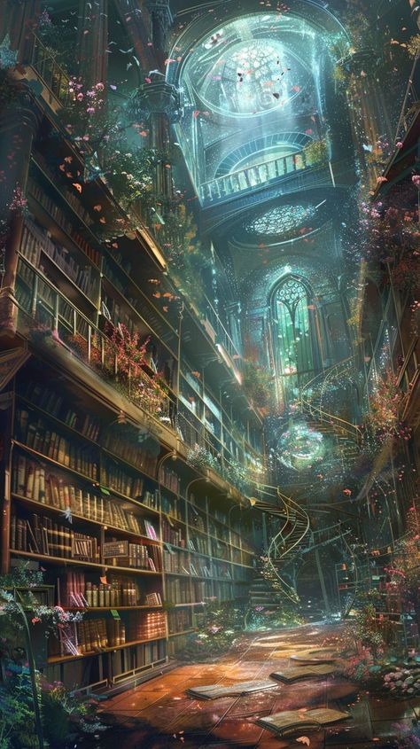 Follow me for more bookish art #library #libraryaesthetic #fantasylibrary #libraryart Fantasy Library Room Concept Art, Fantasy Bookstore Concept Art, Endless Library Fantasy Art, Fantasy Landscape Library, Massive Library Fantasy Art, Infinite Library Fantasy Art, Dnd Library Art, Fantasy Castle Library, Fantasy Art Library