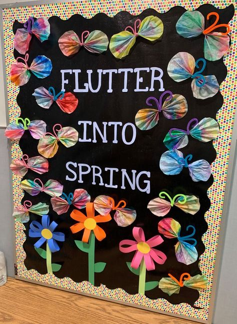 Fun Spring Bulletin Board Ideas, Flutter Into Spring Bulletin Board, Butterfly Board Ideas, May Bulletin Boards Preschool, May Teacher Boards, Bulliton Bored Ideas Preschool, Bulletin Board Ideas For Elementary School, Bulliten Boards Ideas May, Butterflies Bulletin Board Ideas