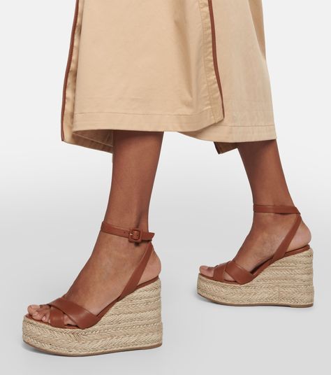 Mariza Zeppa Leather Espadrille Sandals in Brown - Christian Louboutin | Mytheresa Flat Espadrille Sandals, Brown Espadrilles, Louboutin Online, Espadrilles Style, Christian Louboutin Women, Leather Espadrilles, Black Wedge Sandals, Evening Shoes, Leather Wedge Sandals