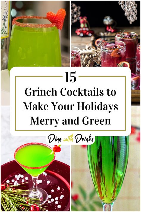 Collage of 4 grinch cocktails. Grinch Christmas Shots, The Grinch Mixed Drink, Mr Grinch Drink, The Grinch Punch Alcohol, Grinch Cocktail With Blue Curacao, Mr Grinch Cocktail, Grinch Mixed Drink, Grinch Champagne Drink, Grinch Xmas Party Ideas