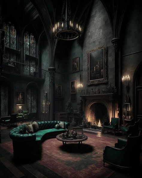 Addams Family Interior, Goth Mansion Interior, Slytherin Room, Slytherin Common Room, Dnd Diy, Gothic Mansion, Gothic Interior, Dark Windows, Dark Decor