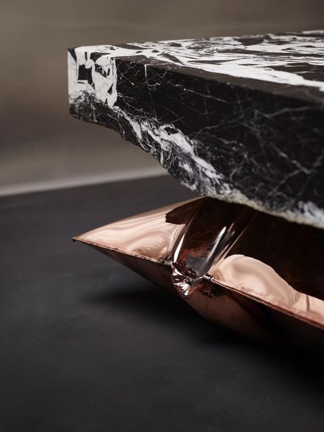 In Hale is a monumental coffee table consisting of a massive piece of marble that floats on a metal cushion. Copper Pillow, Design Coffee Table, Marble Coffee Table, Design Coffee, Coffee Table Design, A Metal, Sheet Metal, Art Techniques, Table Furniture