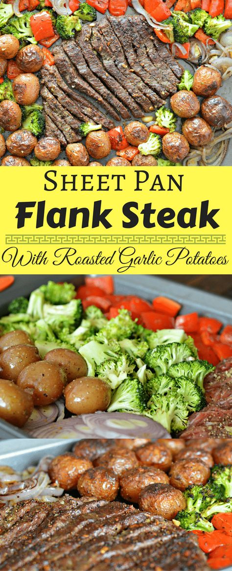 This Sheet Pan Flank Steak with Garlic Roasted Potatoes is a perfect option if you are in a hurry and don't want to clean up a big mess. Check it out today. Sheet Pan Flank Steak, Steak Broccoli, Flank Steak Recipes, Garlic Roasted Potatoes, Sheet Pan Suppers, Sheet Pan Dinners Recipes, Recipe Sheets, Pan Recipes, Flank Steak