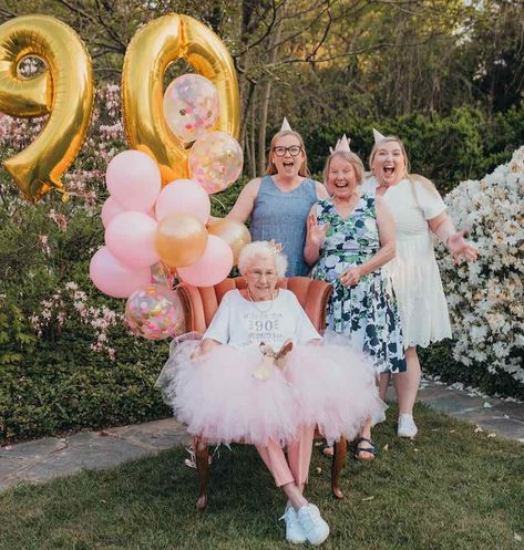 This Grandma Turned 90 And Had a Blast at Her Princess-Themed Birthday Party – LOOK 90th Birthday Party Theme, Grandmas Birthday Party, 70th Birthday Decorations, 90th Birthday Parties, 100th Birthday Party, Princess Theme Birthday Party, Nana Birthday, Princess Theme Party, 90's Birthday Party