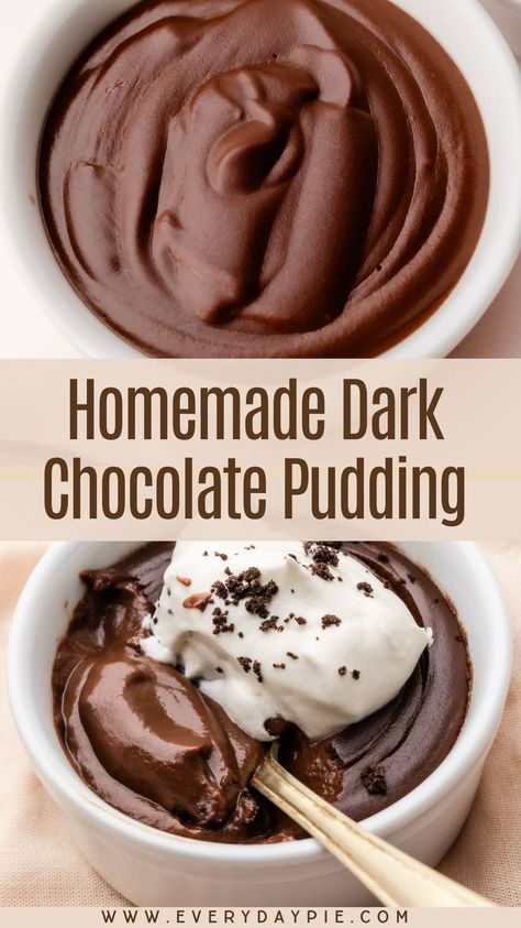 This silky smooth Dark Chocolate Pudding is a quick and irresistible dessert, taking just 15 minutes to make with common kitchen ingredients. Steamed Date Pudding Recipe, Homemade Pudding Chocolate, Easy Homemade Pudding Recipes, Dark Chocolate Sweets, Chocolate Cornstarch Pudding, Crock Pot Pudding, Homemade Vanilla Pudding Easy, Chocolate Pudding Recipe Easy, Best Chocolate Pudding Recipe