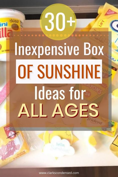 Sunshine Bags Ideas, Happiness Box Ideas, Sunshine Jar Ideas, Sunshine In A Box Ideas, Sunshine Box Ideas For Guys, Fun In The Sun Gift Basket Ideas, Basket Full Of Sunshine Gift Ideas, Sunshine Gift Box Ideas, Bucket Of Sunshine Gift