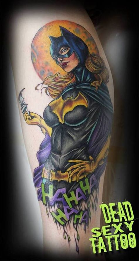 Batgirl Batwoman Tattoo, Batgirl Tattoo, Awesome Tattoos For Guys, Batman Tattoos, Awesome Tattoo Ideas, Voodoo Doll Tattoo, Tattoo For Girl, Back Of Leg Tattoos, Umbrella Tattoo